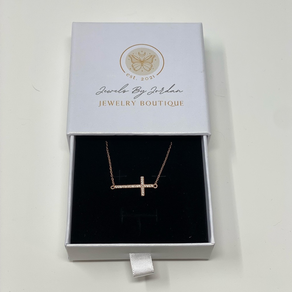 Rose Gold CZ Sideway Cross Necklace